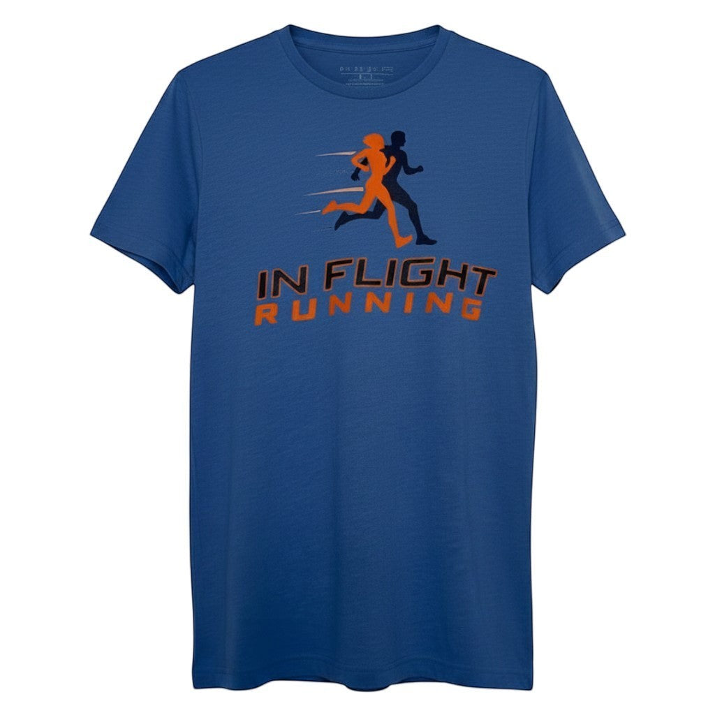 In Flight Running blue heather cotton blend t-shirt with graphic of two runners and logo.