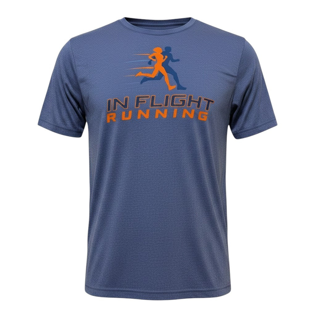 In Flight Running men's blue heathered polyester running t-shirt with orange graphic logo on front.