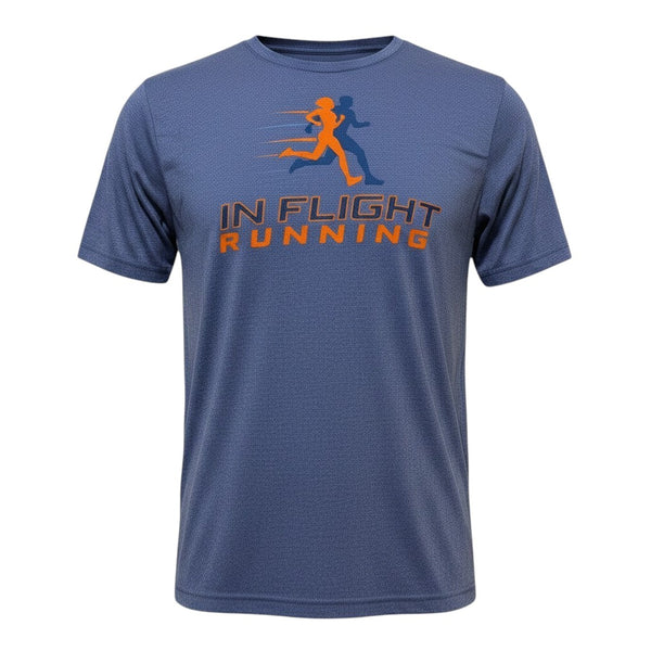 In Flight Running men's blue heathered polyester running t-shirt with orange graphic logo on front.
