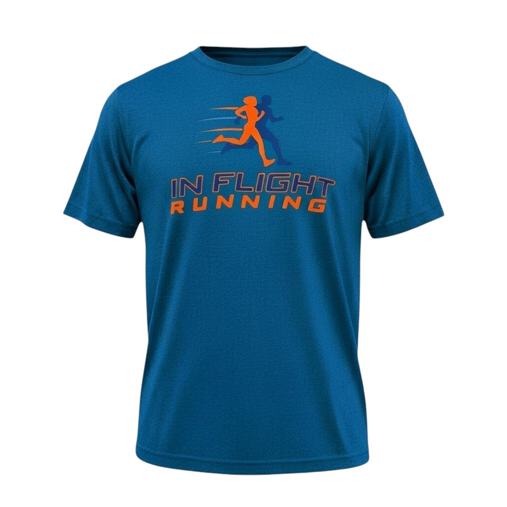 In Flight Running blue heathered polyester running t-shirt with orange graphic.