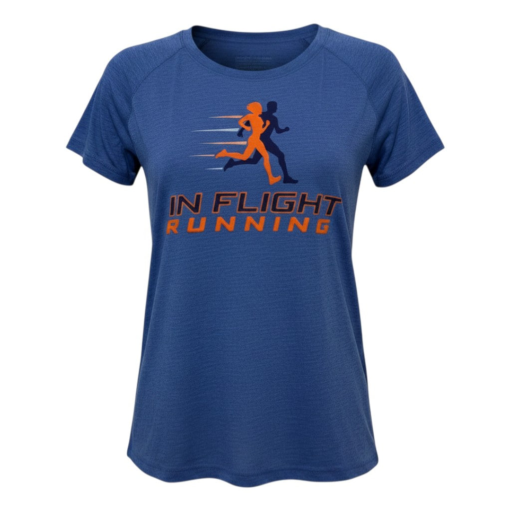 In Flight Running blue heathered tri-blend scoop neck running t-shirt with graphic.