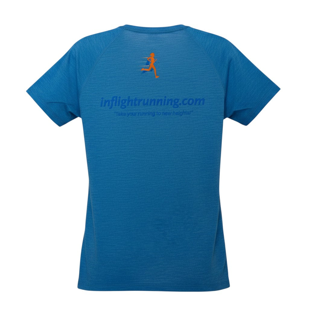 In Flight Running blue heathered tri-blend women's scoop neck t-shirt with logo and tagline on back.