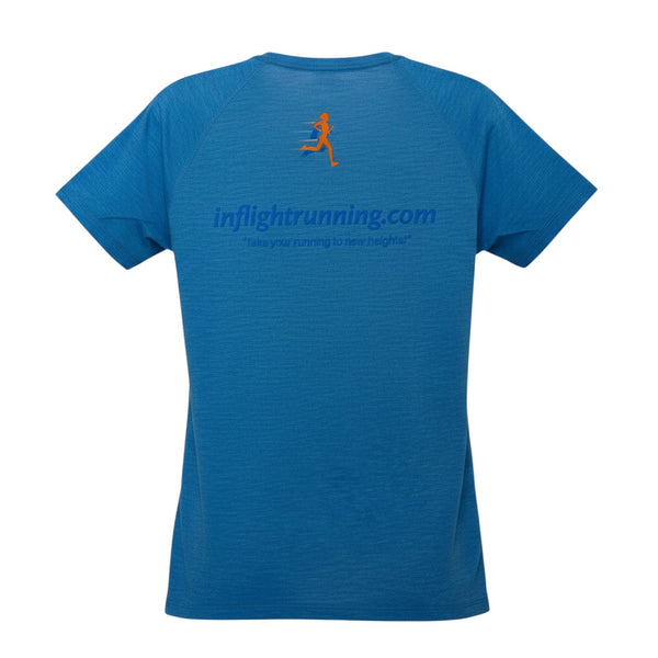 In Flight Running blue heathered tri-blend women's scoop neck t-shirt with logo and tagline on back.