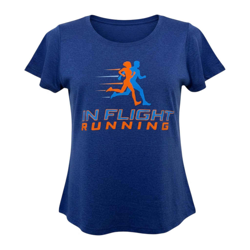 In Flight Running women's blue heathered scoop neck t-shirt with graphic of two runners and logo.