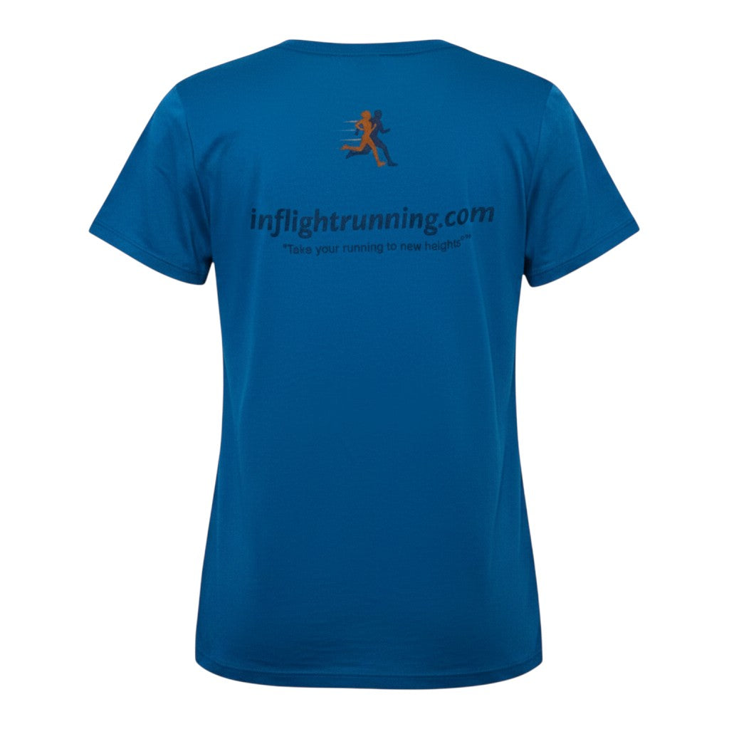 In Flight Running blue heathered scoop neck t-shirt with running graphic and website on back.