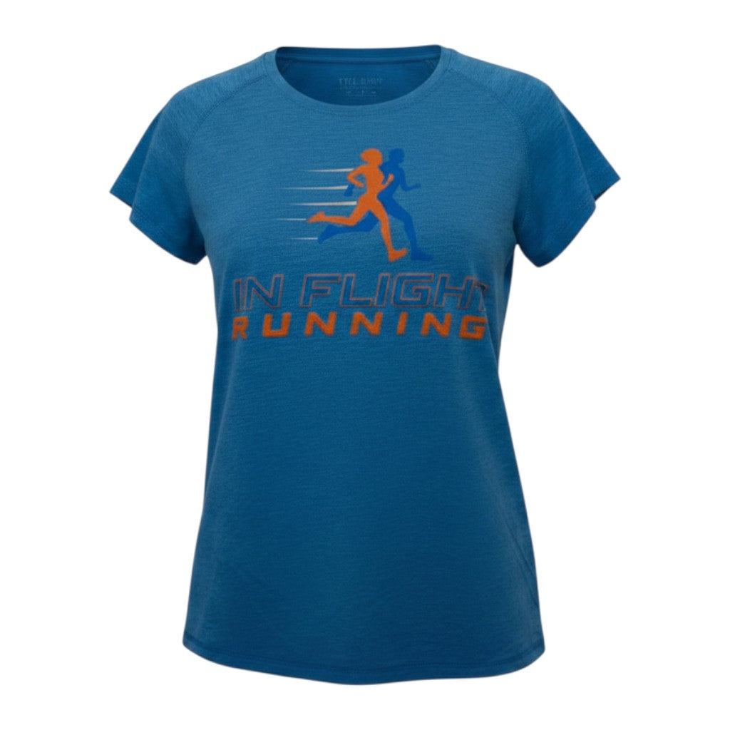 In Flight Running blue heathered tri-blend scoop neck t-shirt with running graphic and logo.