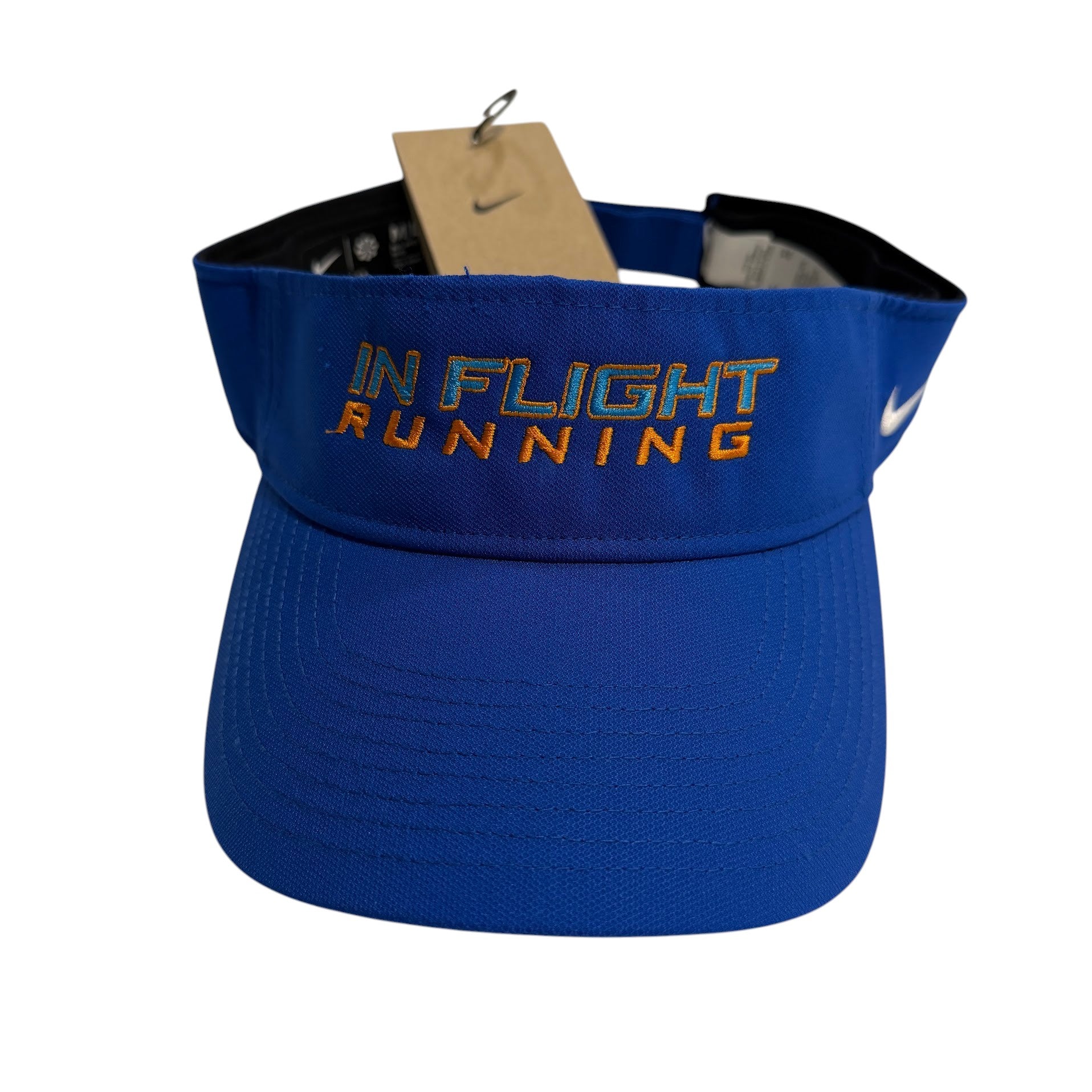 In Flight Running blue Nike Dry-Fit performance visor with orange embroidered text and white Swoosh logo.