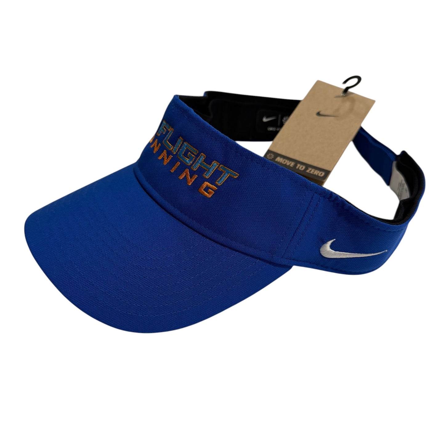 In Flight Running blue Nike Dry-Fit performance visor with embroidered lettering and Swoosh logo.