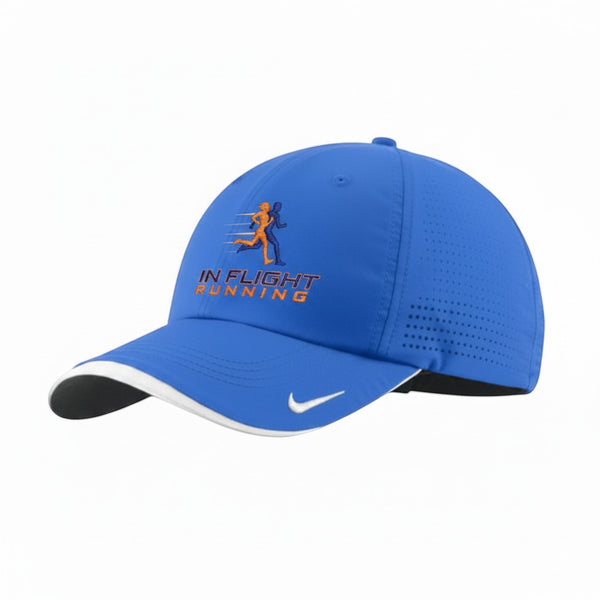 In Flight Running blue polyester cap with perforated panels and embroidered logo. Features Nike Swoosh.