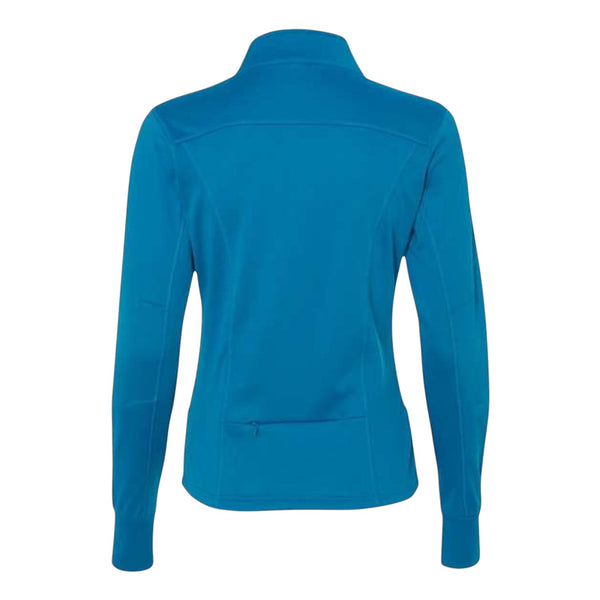 In Flight Running women's blue polyester fleece track jacket with full zip and zippered pocket.