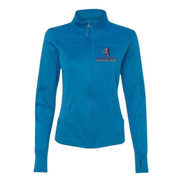 In Flight Running women's blue polyester fleece track jacket with embroidered logo and thumbholes.