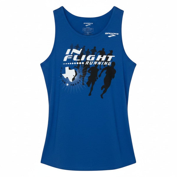 In Flight Running blue 100% polyester men's running tank with Texas graphic and Brooks logo.