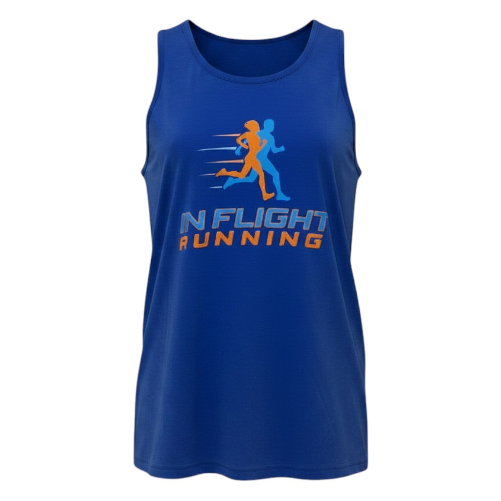 In Flight Running men's royal blue polyester racerback running tank with orange and blue graphic.