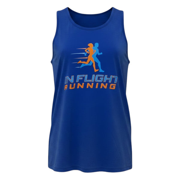In Flight Running men's royal blue polyester racerback running tank with orange and blue graphic.