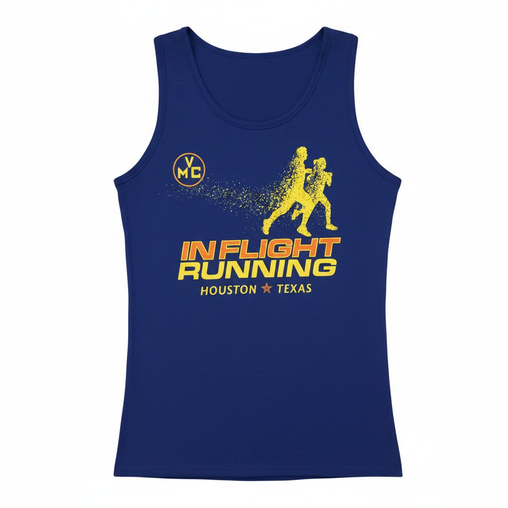 In Flight Running royal blue 100% polyester men's running tank with yellow disintegrating runner graphic and team logo.