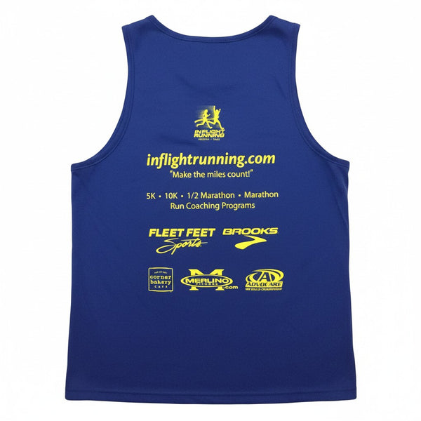In Flight Running blue 100% polyester men's running tank with sponsor logos and website printed on back.