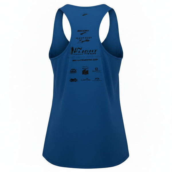 In Flight Running blue 100% polyester men's running tank with sponsor logos on back.