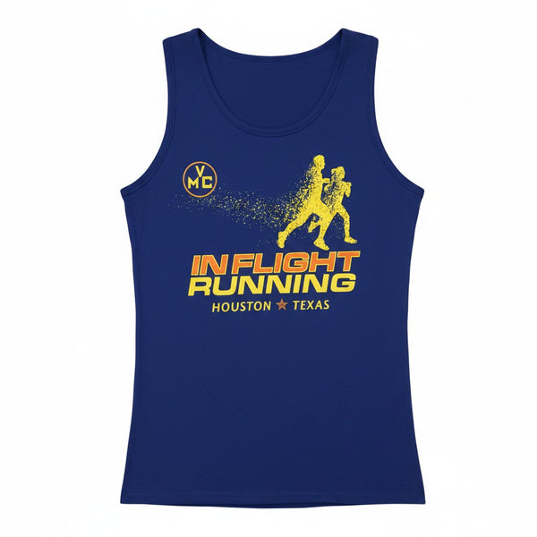 In Flight Running royal blue 100% polyester men's running tank with yellow disintegrating runner graphic and team logo.