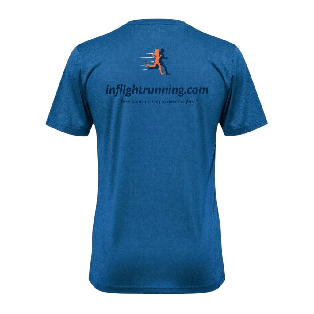 In Flight Running blue polyester short-sleeve t-shirt with moisture-wicking fabric and In Flight Running logo on back.