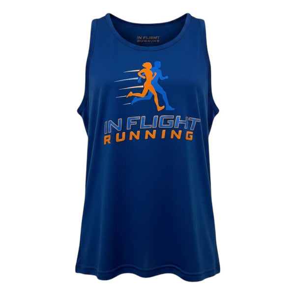 In Flight Running men's blue polyester racerback running tank with graphic logo on front.