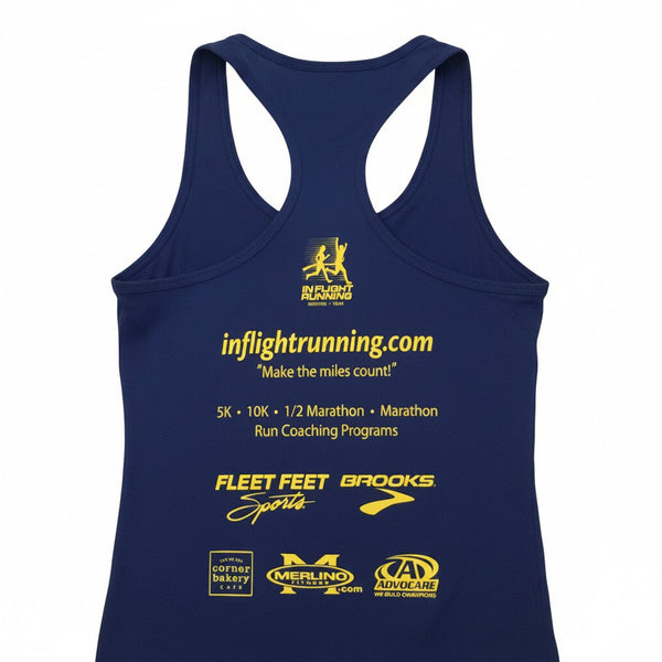 In Flight Running blue racerback tank top with "Disintegrating Runner" design and sponsor logos on back. Moisture-wicking cotton-poly blend.