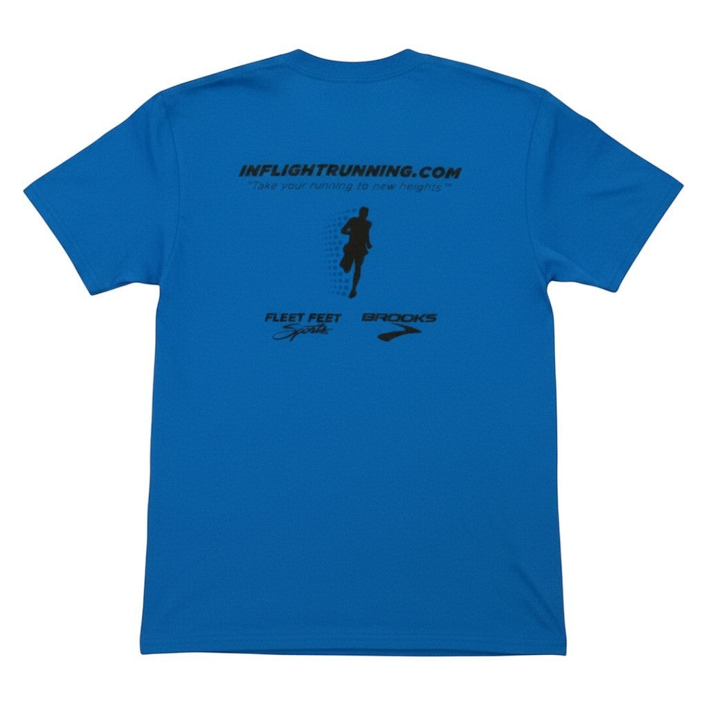 In Flight Running blue cotton/poly blend t-shirt with running graphic and sponsor logos on back.