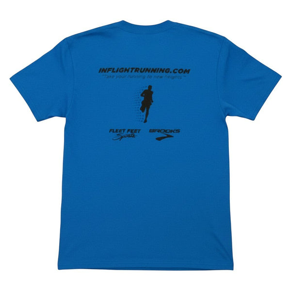 In Flight Running blue cotton/poly blend t-shirt with running graphic and sponsor logos on back.