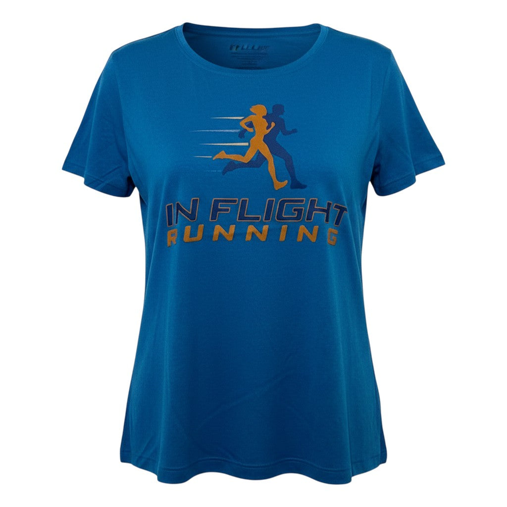 In Flight Running blue heathered scoop neck t-shirt with graphic of two runners and text.