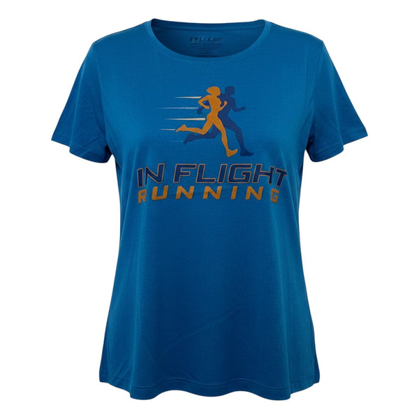 In Flight Running blue heathered scoop neck t-shirt with graphic of two runners and text.