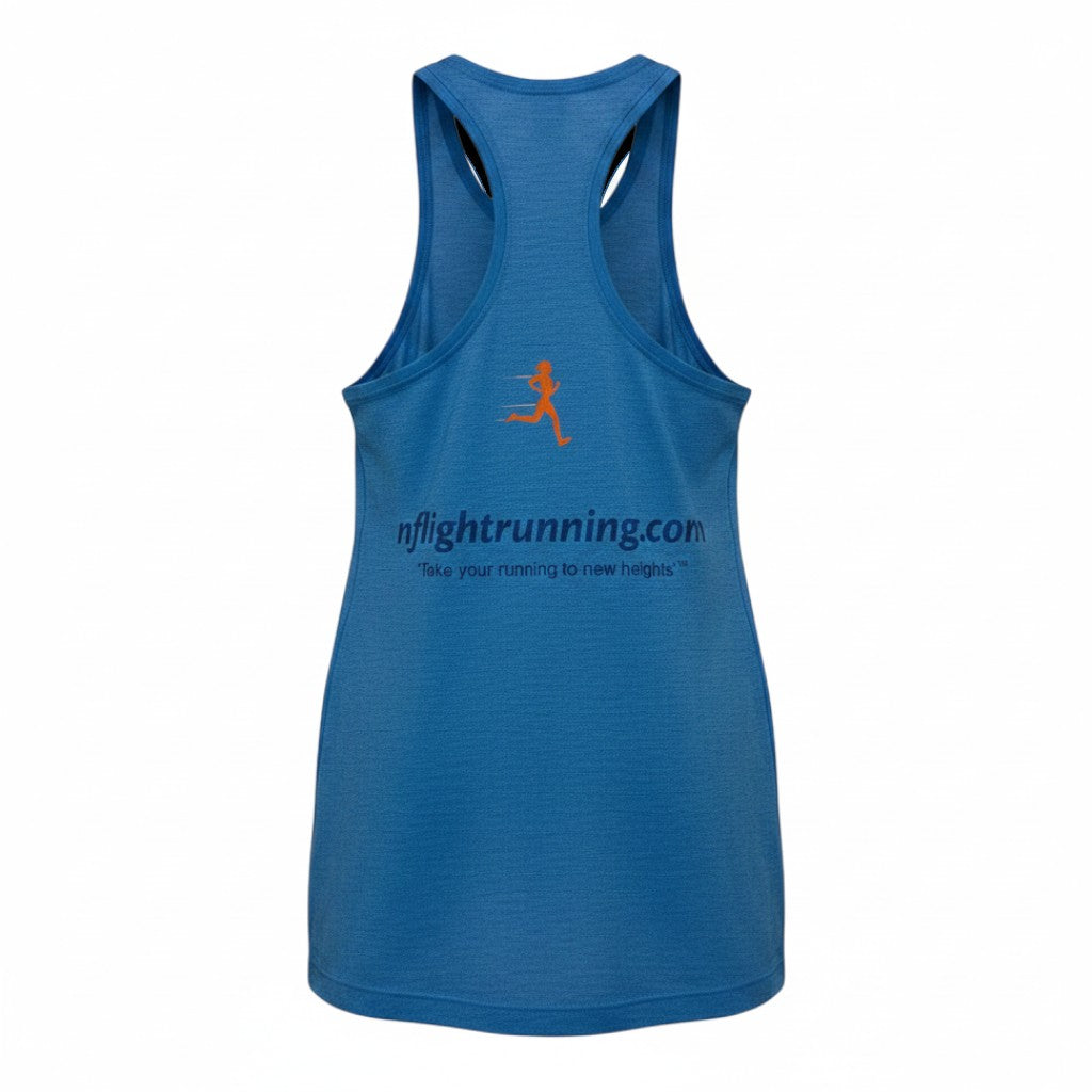 In Flight Running blue tri-blend racerback tank top with moisture-wicking fabric and graphic logo.