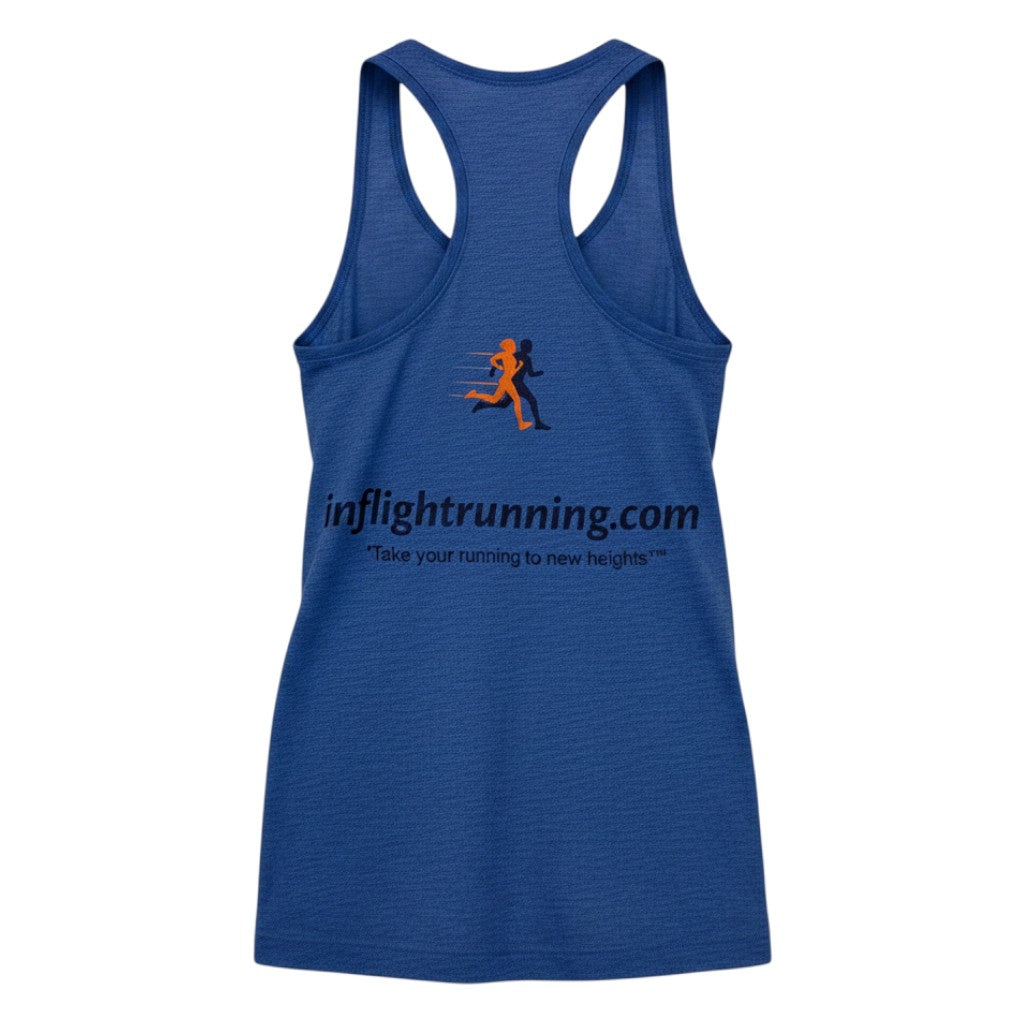 In Flight Running blue tri-blend racerback tank top with moisture-wicking fabric and a drop tail hem.