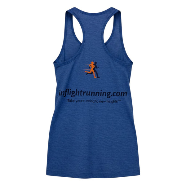 In Flight Running blue tri-blend racerback tank top with moisture-wicking fabric and a drop tail hem.