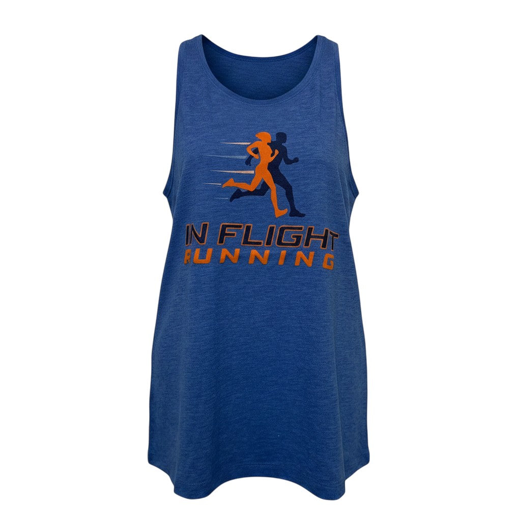 In Flight Running women's blue tri-blend racerback tank top with graphic print. Moisture-wicking and soft.