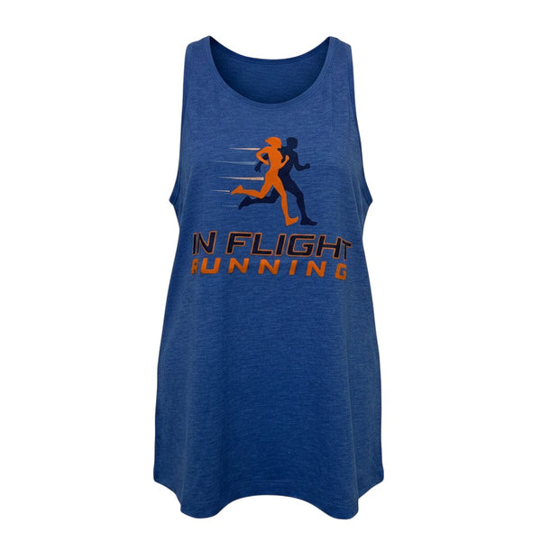 In Flight Running women's blue tri-blend racerback tank top with graphic print. Moisture-wicking and soft.