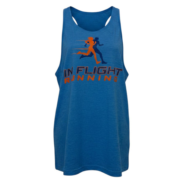 In Flight Running blue tri-blend racerback tank top with graphic of two runners and brand name.