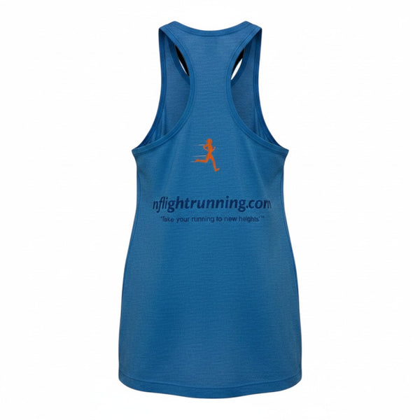 In Flight Running blue tri-blend racerback tank top with moisture-wicking fabric and graphic logo.