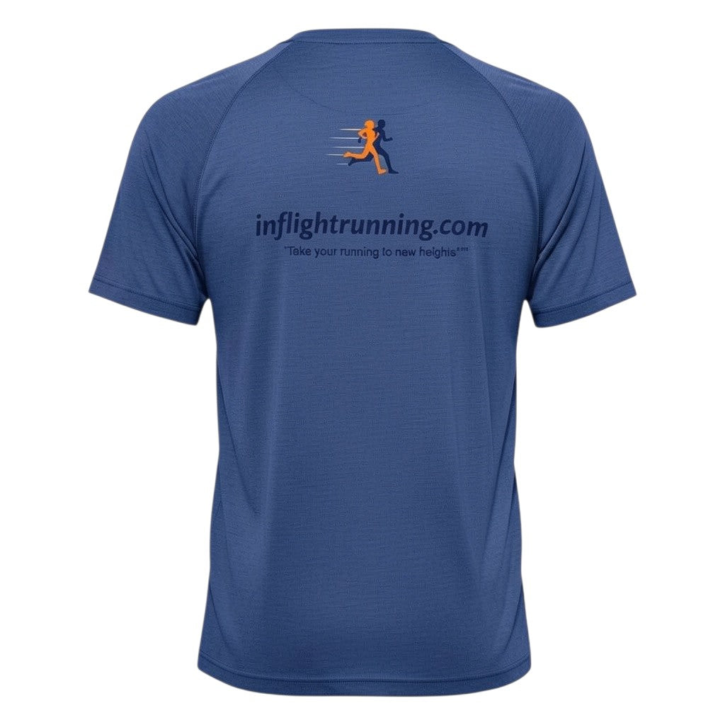 In Flight Running men's blue tri-blend raglan running t-shirt with graphic logo and tagline on back.