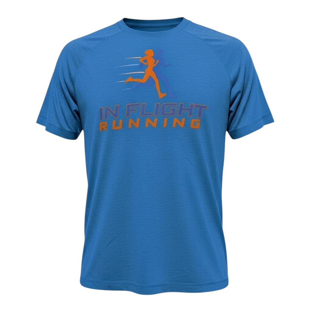 In Flight Running blue tri-blend raglan t-shirt with orange running graphic and logo. Ideal for running.