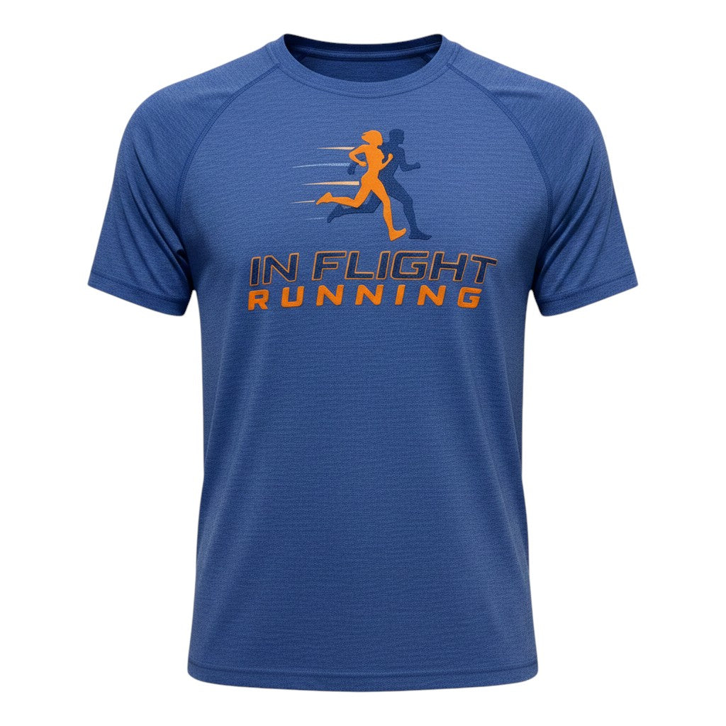 In Flight Running men's blue tri-blend raglan t-shirt with orange running graphic and logo.