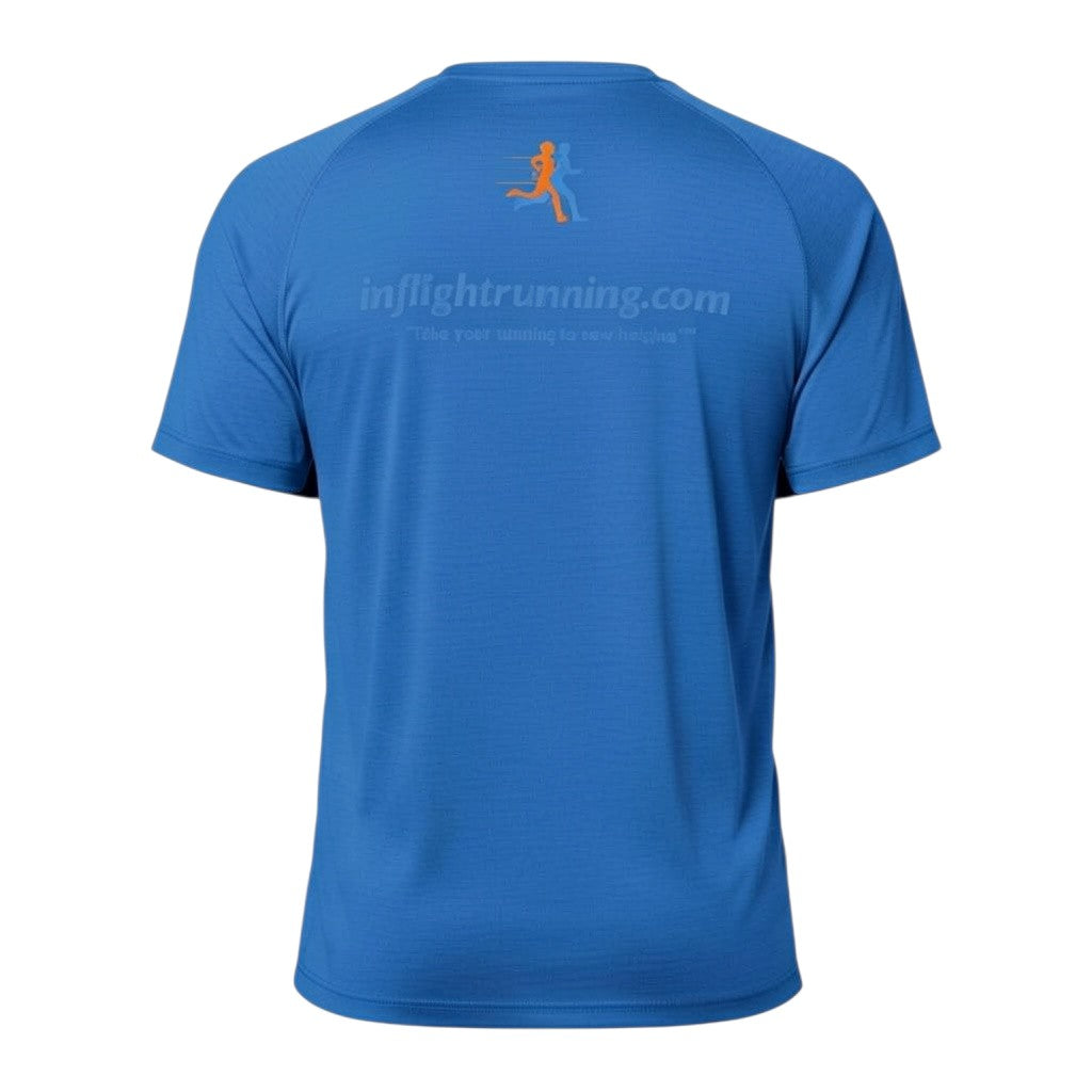 In Flight Running blue tri-blend raglan t-shirt with orange running man logo and tagline on back.
