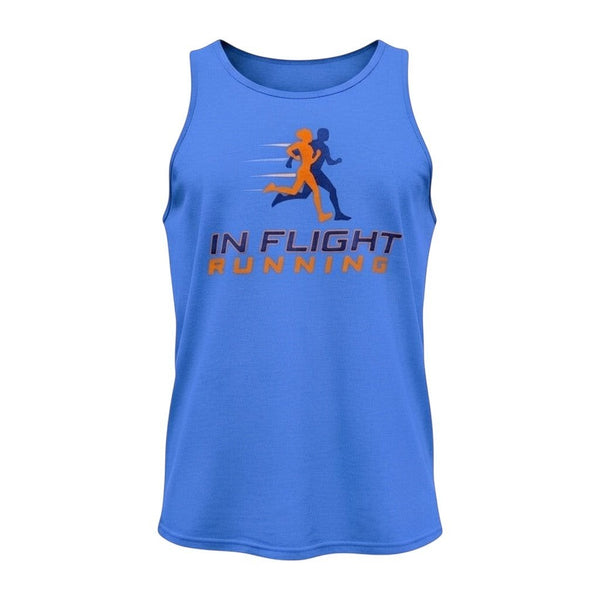 In Flight Running blue tri-blend men's running tank with graphic of two runners and brand name