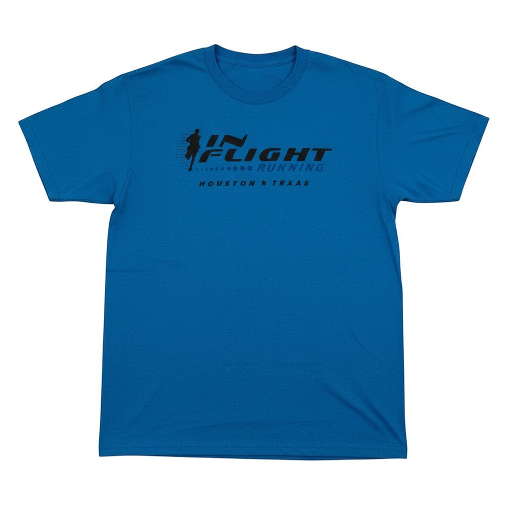 In Flight Running blue cotton blend t-shirt with original logo and Houston Texas text.