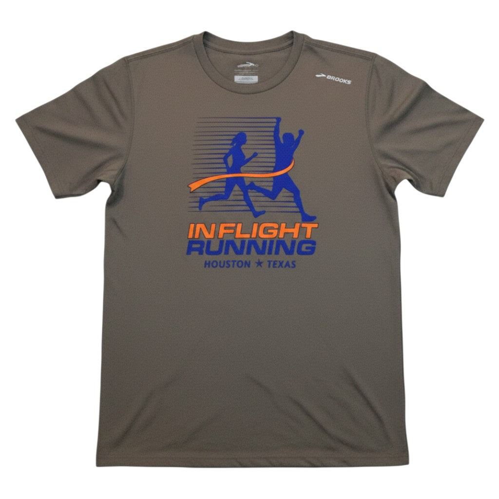 In Flight Running men's gray 100% polyester moisture-wicking Brooks running t-shirt with retro logo.