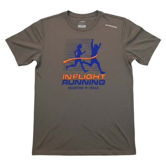 In Flight Running men's gray 100% polyester moisture-wicking Brooks running t-shirt with retro logo.