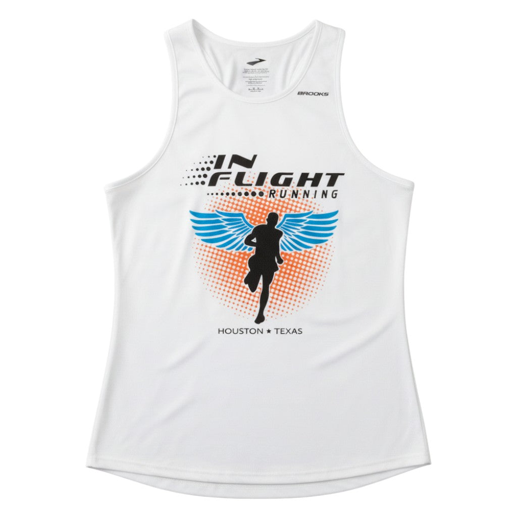 In Flight Running Brooks men's white 100% polyester moisture-wicking running tank with winged runner graphic.