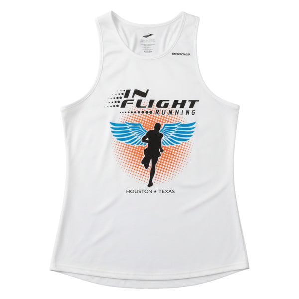 In Flight Running Brooks men's white 100% polyester moisture-wicking running tank with winged runner graphic.