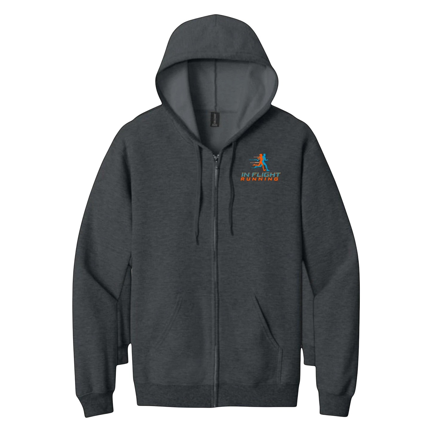 In Flight Running charcoal grey full-zip hoodie with soft fleece interior and front pouch pockets.