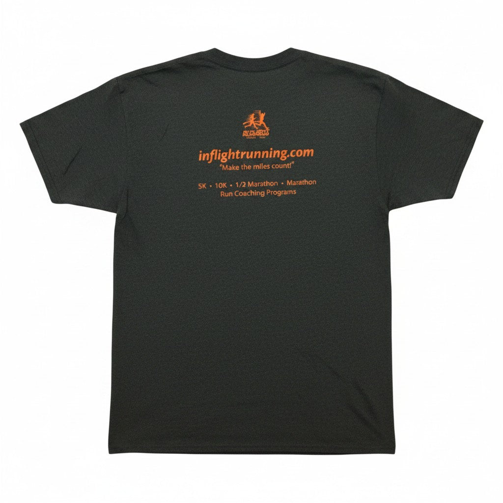 In Flight Running charcoal grey cotton/poly blend t-shirt with orange retro graphics and text on back.