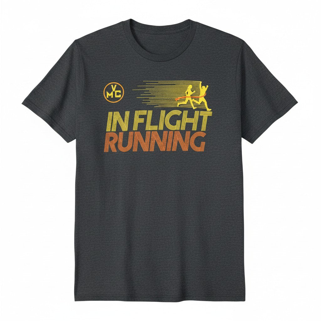 In Flight Running charcoal grey cotton blend t-shirt with retro graphics and runners crossing finish line.