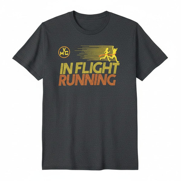 In Flight Running charcoal grey cotton blend t-shirt with retro graphics and runners crossing finish line.